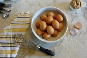 Bowl of eggs sitting on quartzite kitchen countertop